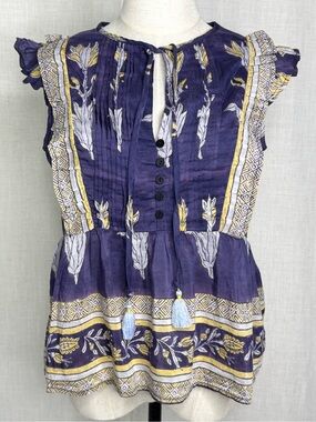 Sal Rosa Silk Blend Floral Border Print Ruffle Peplum Blouse Purple Size Small